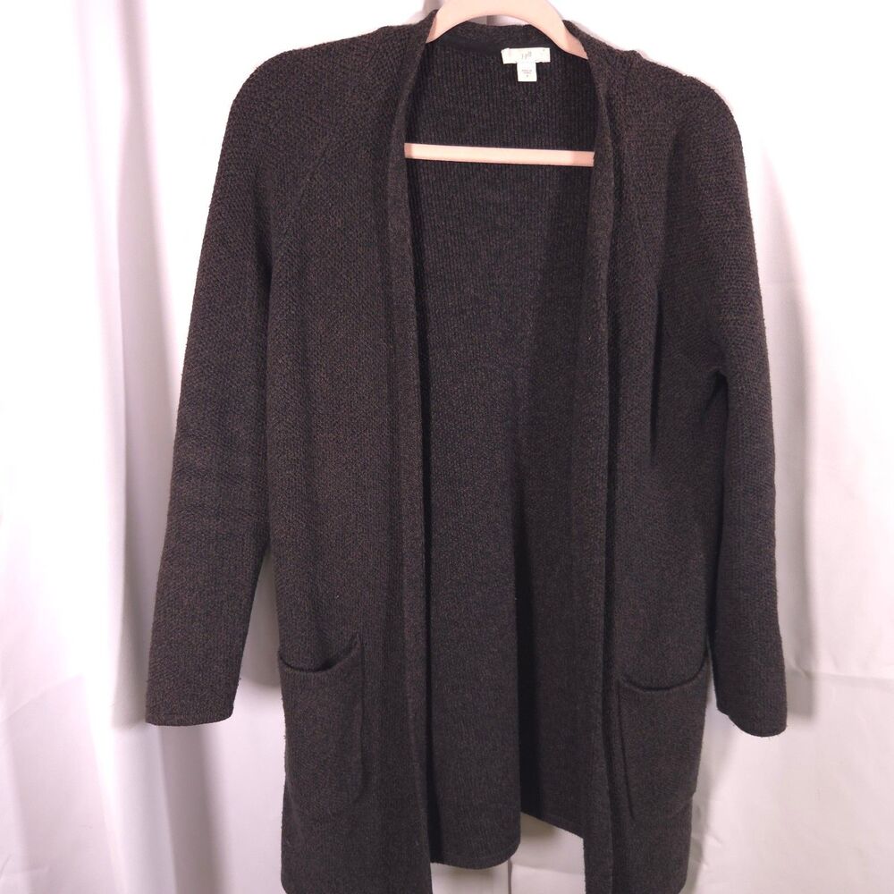 J Jill Women Small Grey Open Front Long Sleeve Silk Wool Cotton Cardigan Sweater
